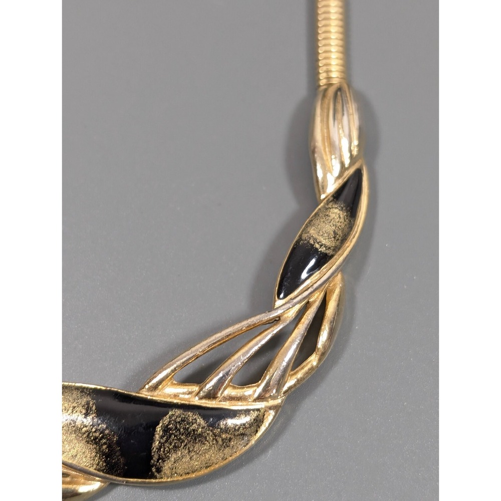 Vintage Gold Tone Omega Chain Necklace Black Enamel V Bar Statement 16" - Picture 8 of 11